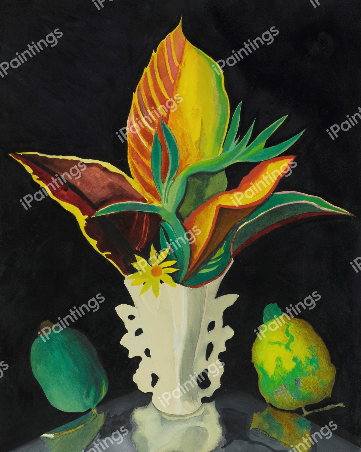 Croton Leaves in a Vase. The painting by Joseph Stella
