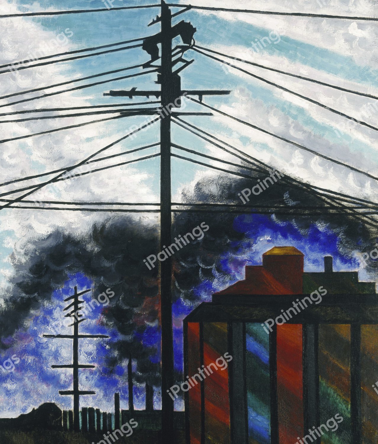 Telegraph Poles with Buildings. The painting by Joseph Stella