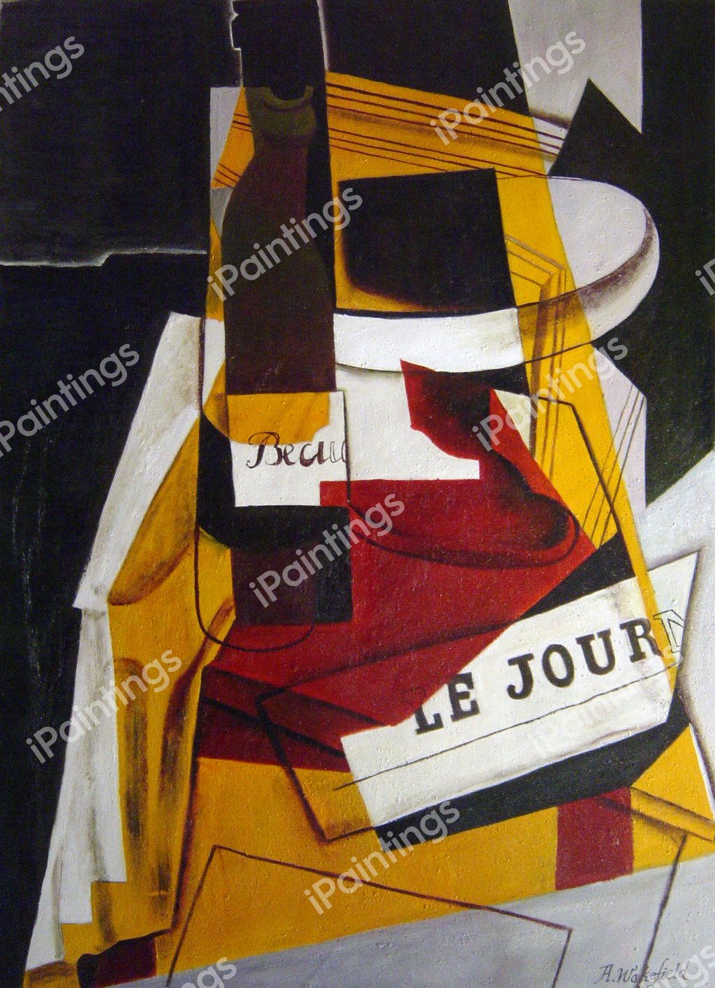 Bottle, Newspaper And Fruit Bowl. The painting by Juan Gris