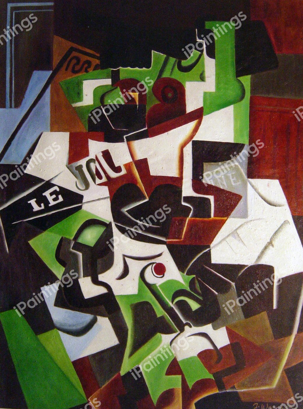 Fruit Bowl, Pipe And Newspaper. The painting by Juan Gris