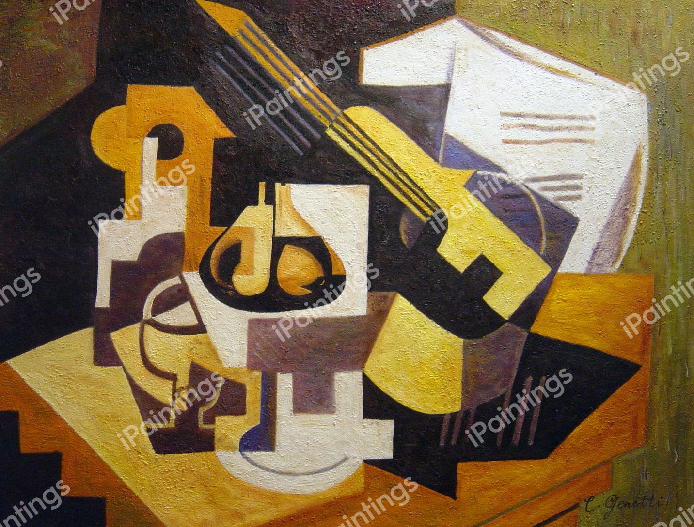 Guitar And Fruit Bowl On A Table. The painting by Juan Gris