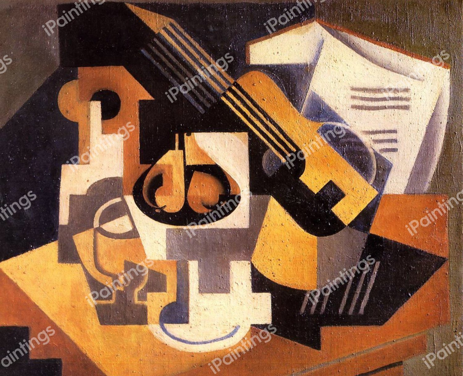 The Guitar and Fruit Bowl on a Table. The painting by Juan Gris