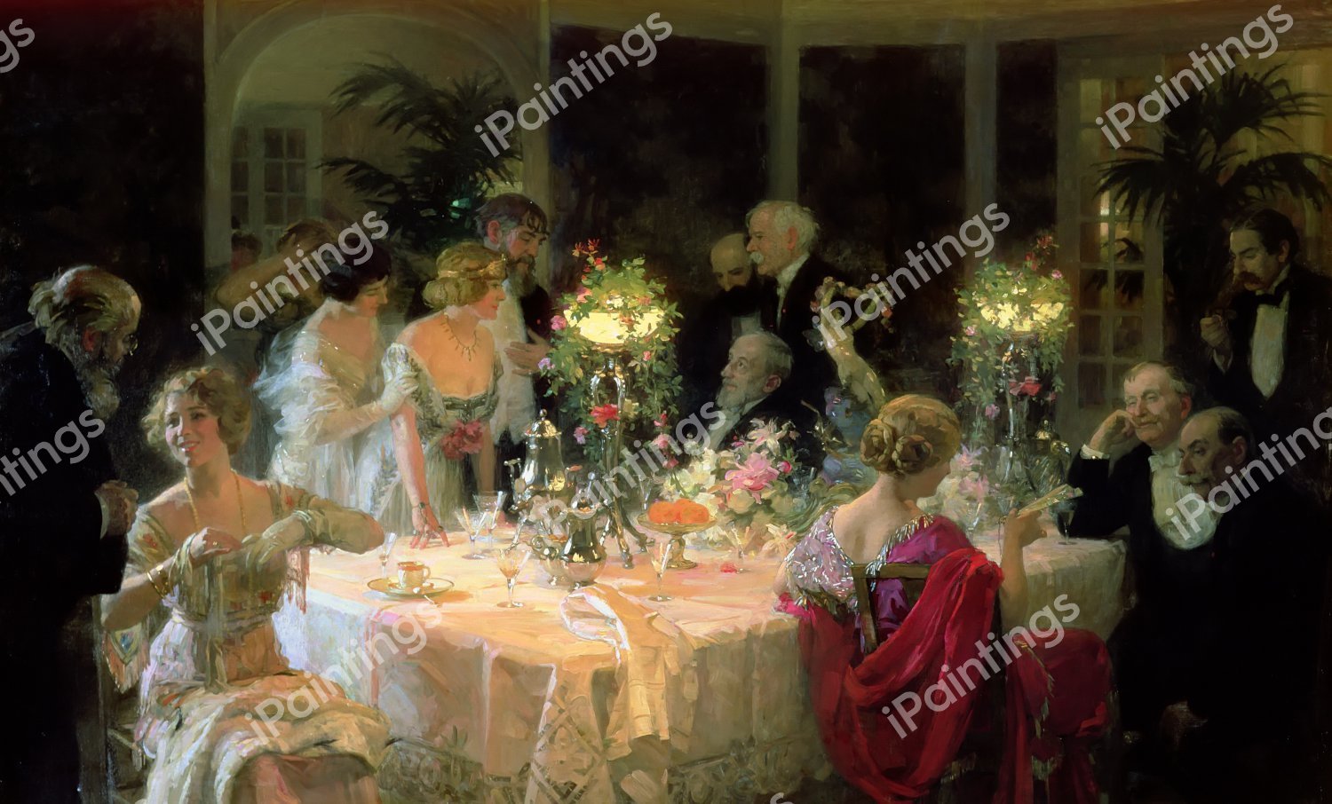 A Dinner Party, 1913. The painting by Jules Alexandre Grun