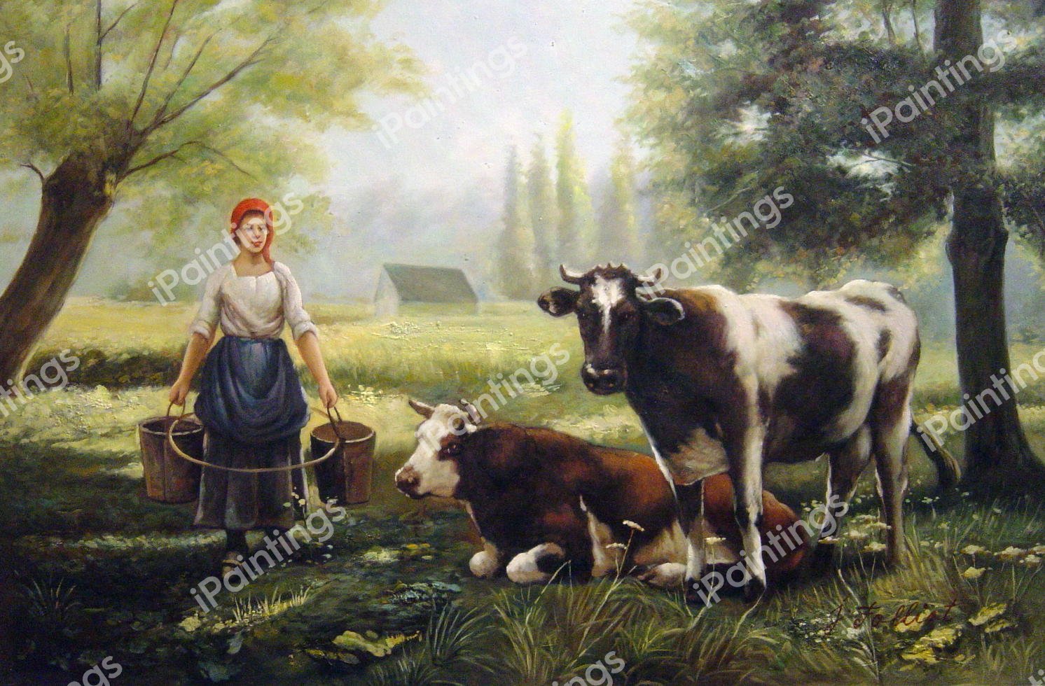 A Milkmaid With Her Cows On A Summer Day. The painting by Julien Dupre
