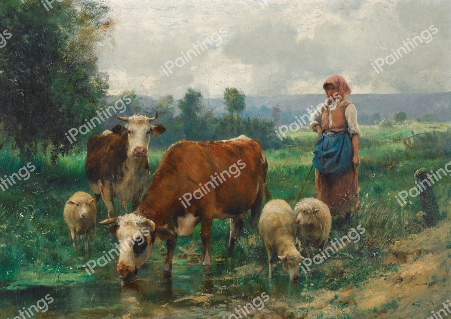 Shepherdess with her Flock. The painting by Julien Dupre