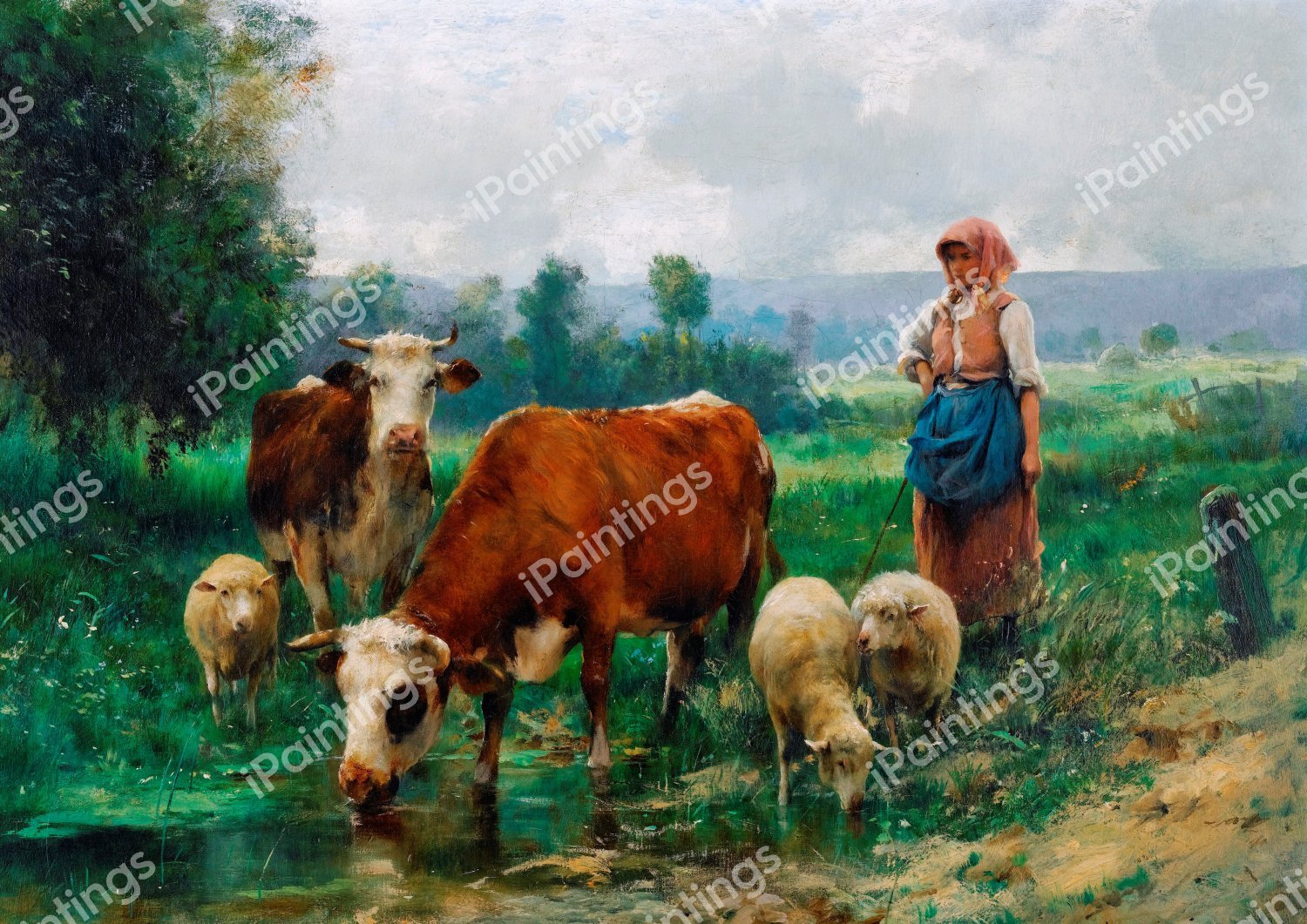 The Shepherdess with Her Flock. The painting by Julien Dupre