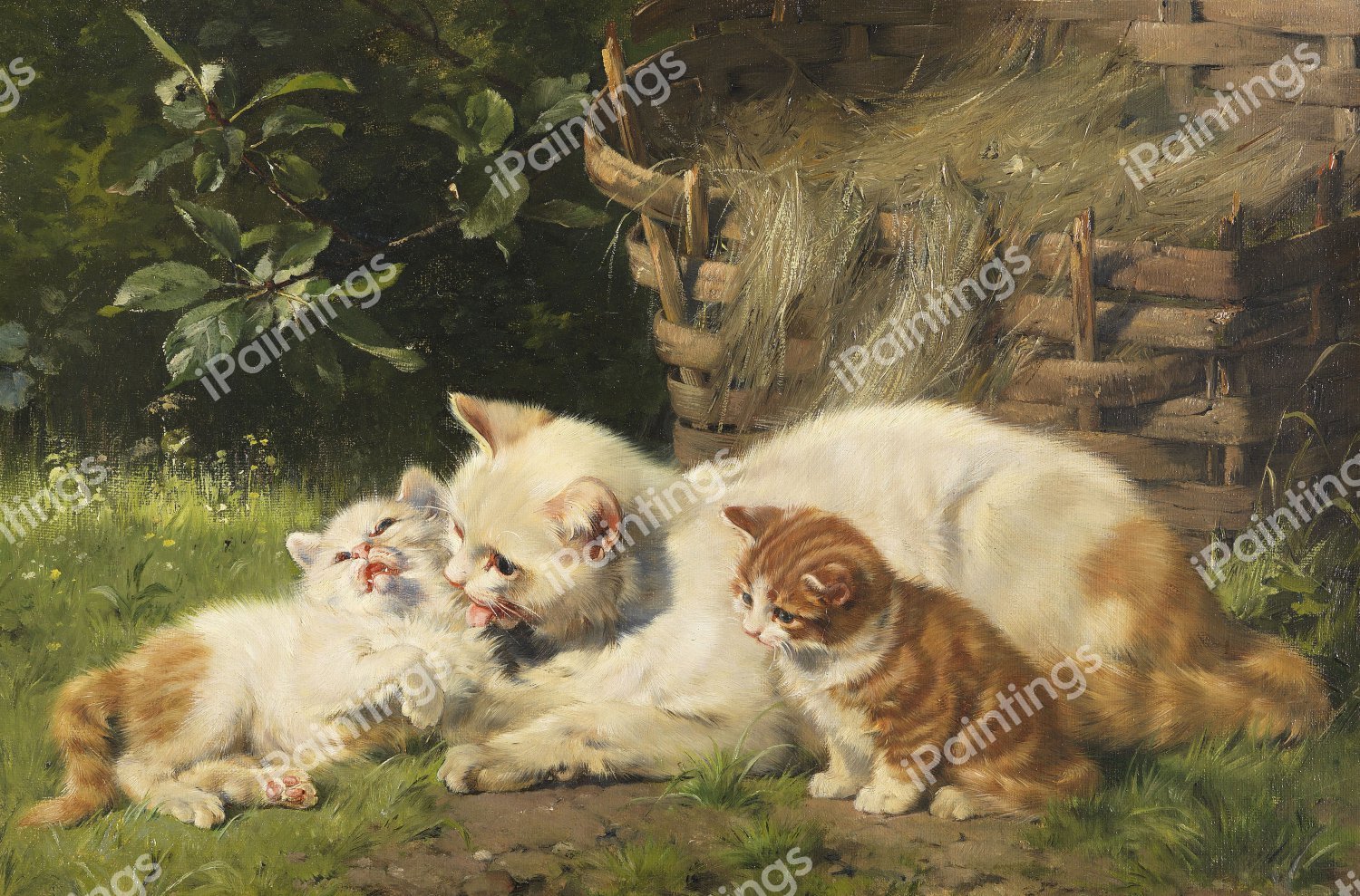 Cat and Her Kittens. The painting by Julius Adam