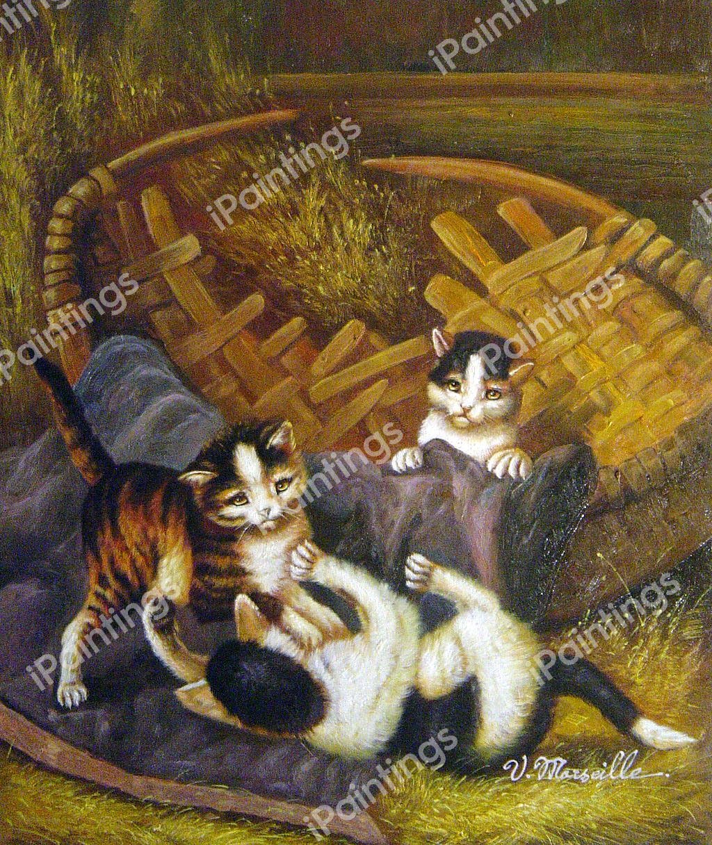 Playful Kittens In A Basket. The painting by Julius Adam
