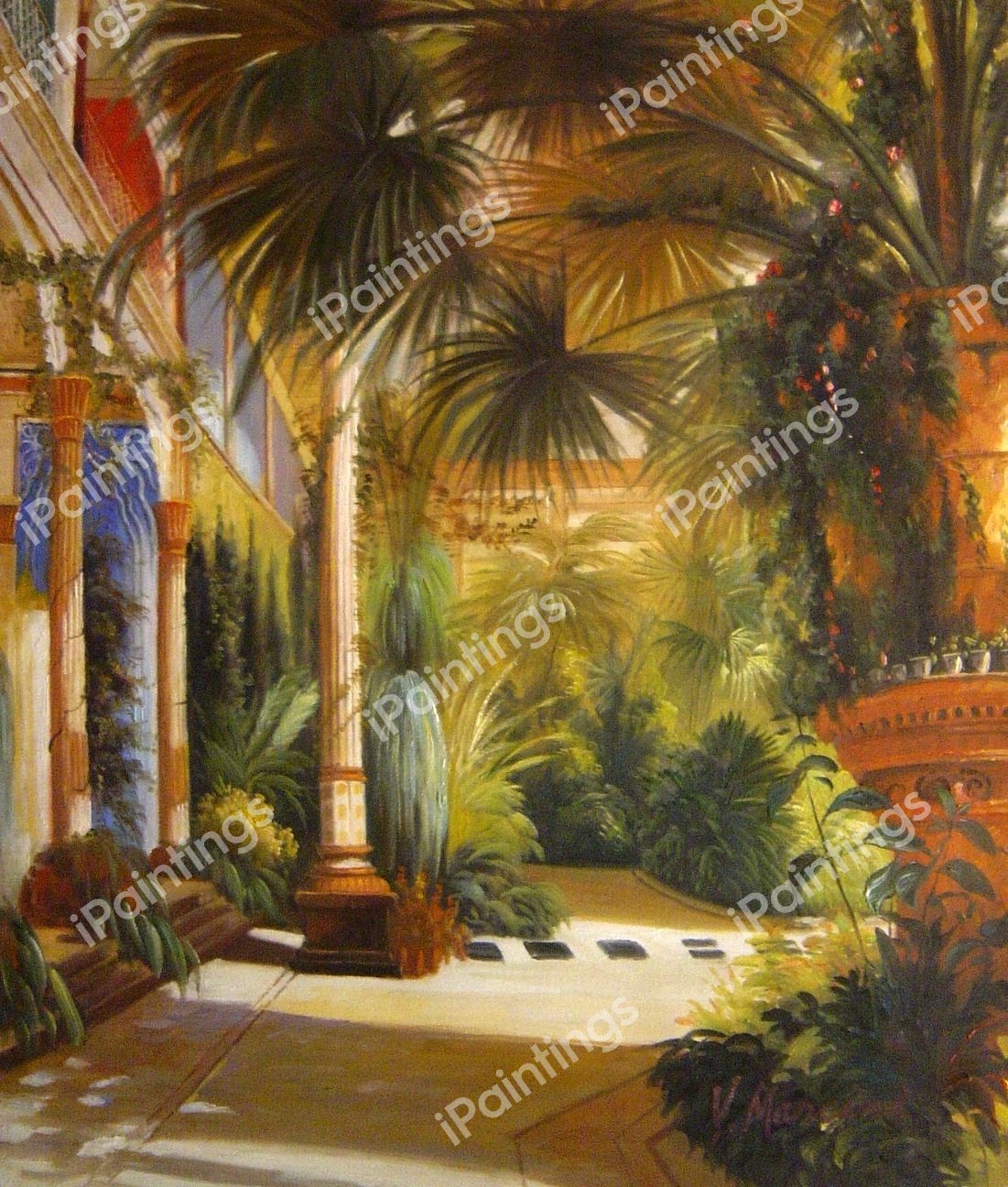 At The Palm House. The painting by Karl Blechen