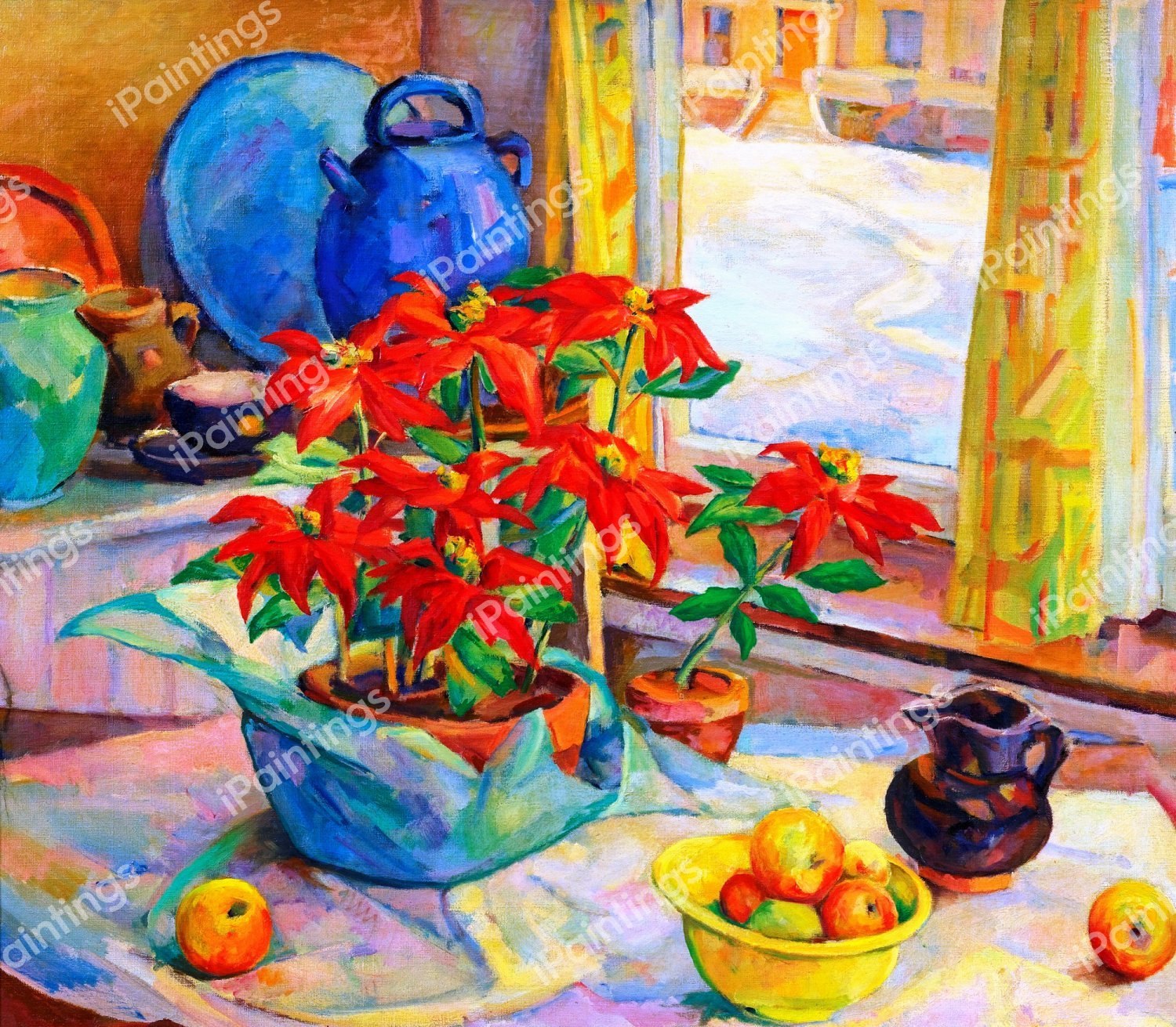 Still Life with Poinsettias. The painting by Kathryn E. Bard Cherry