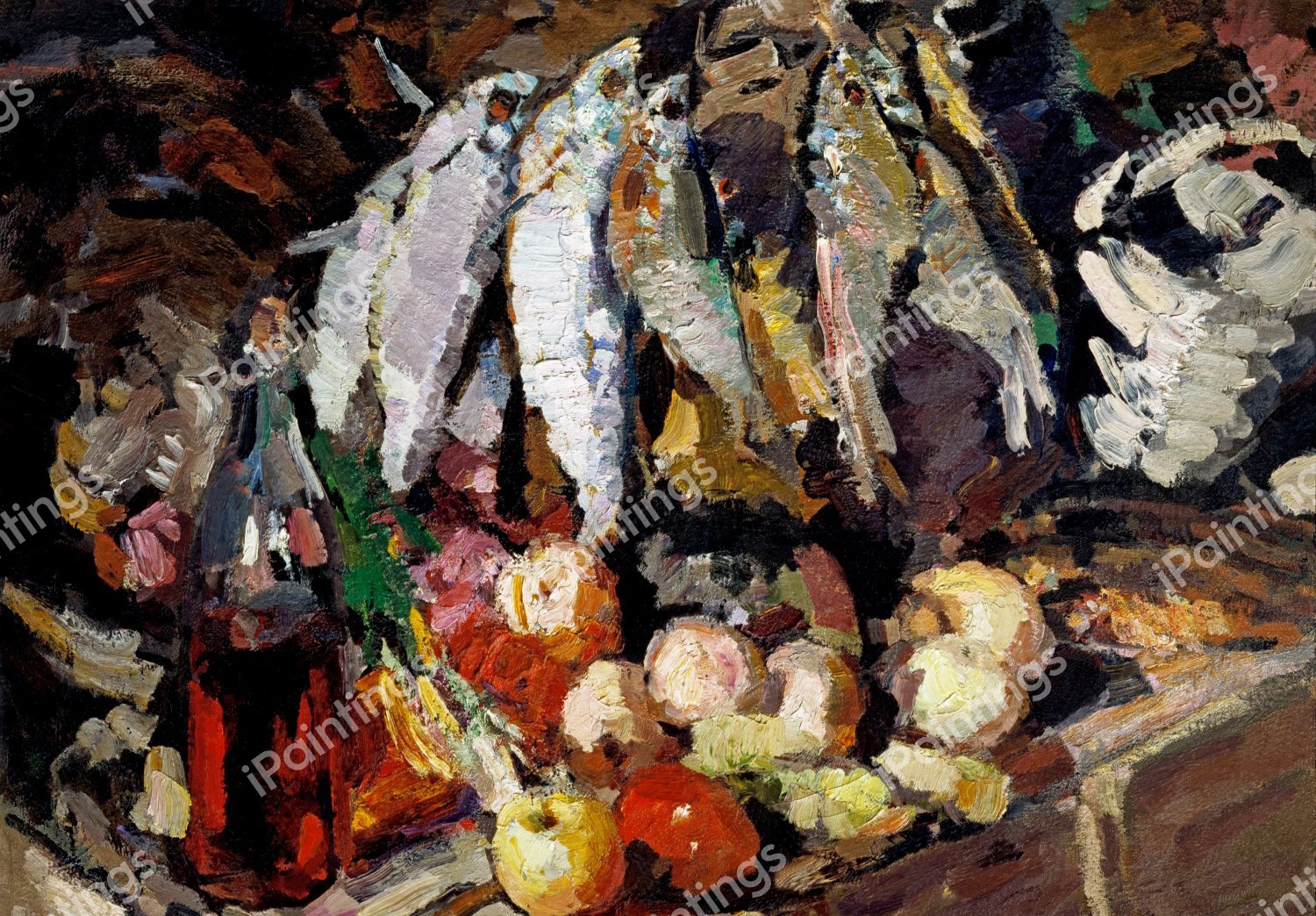Fish, Wine, and Fruit, 1916. The painting by Konstantin Korovin