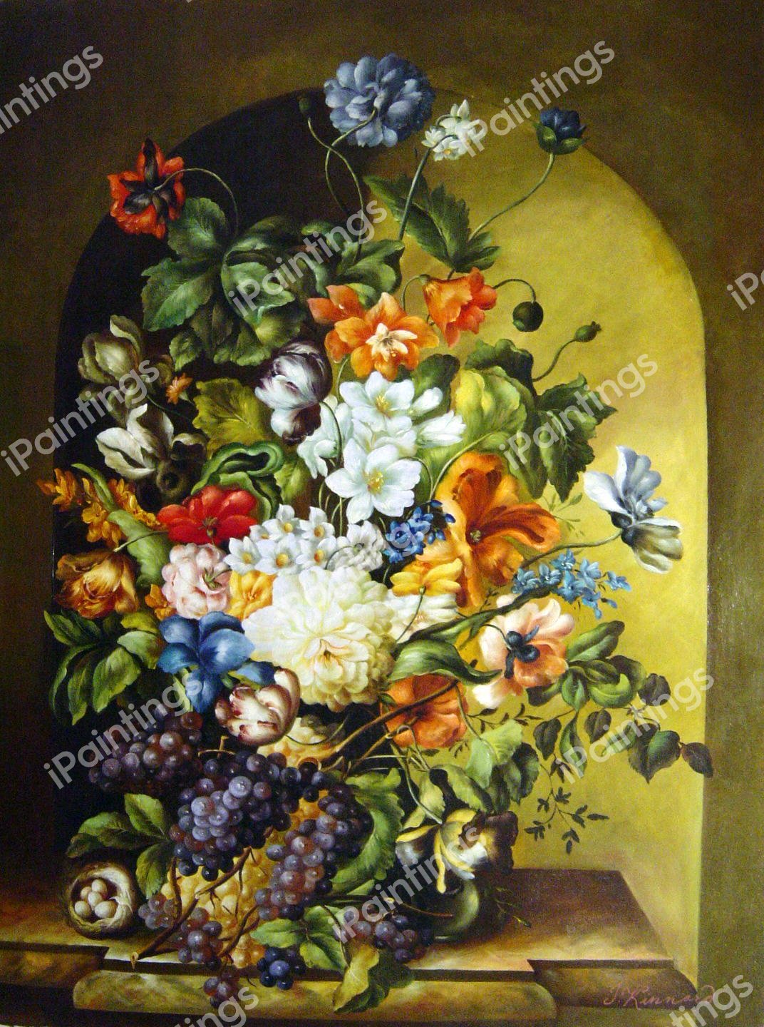 A Still Life with Flowers And Grapes. The painting by Leopold Zinnogger