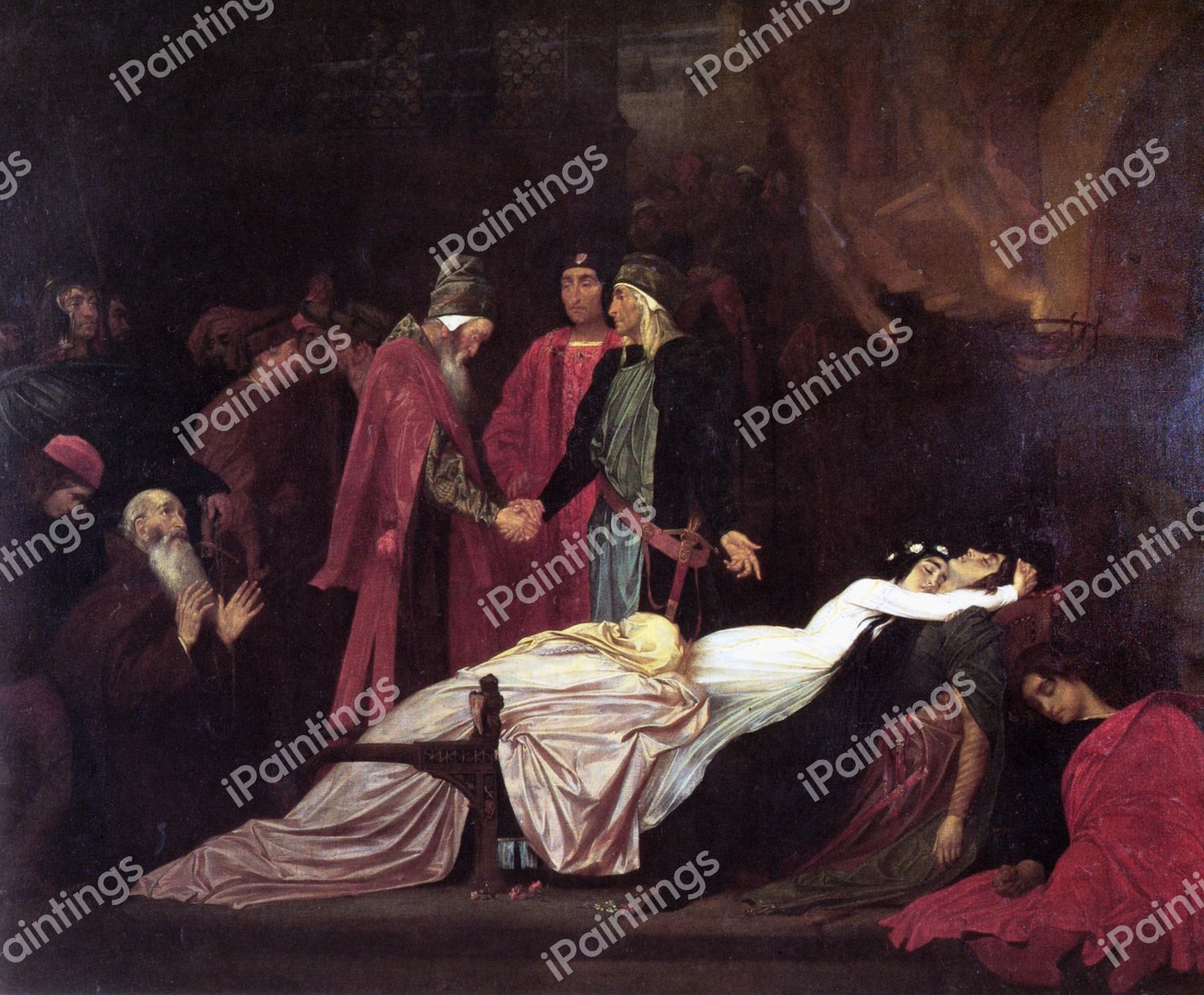 The Reconciliation of the Montagues and Capulets over the Dead Bodies of Romeo and Juliet. The painting by Lord Frederic Leighton