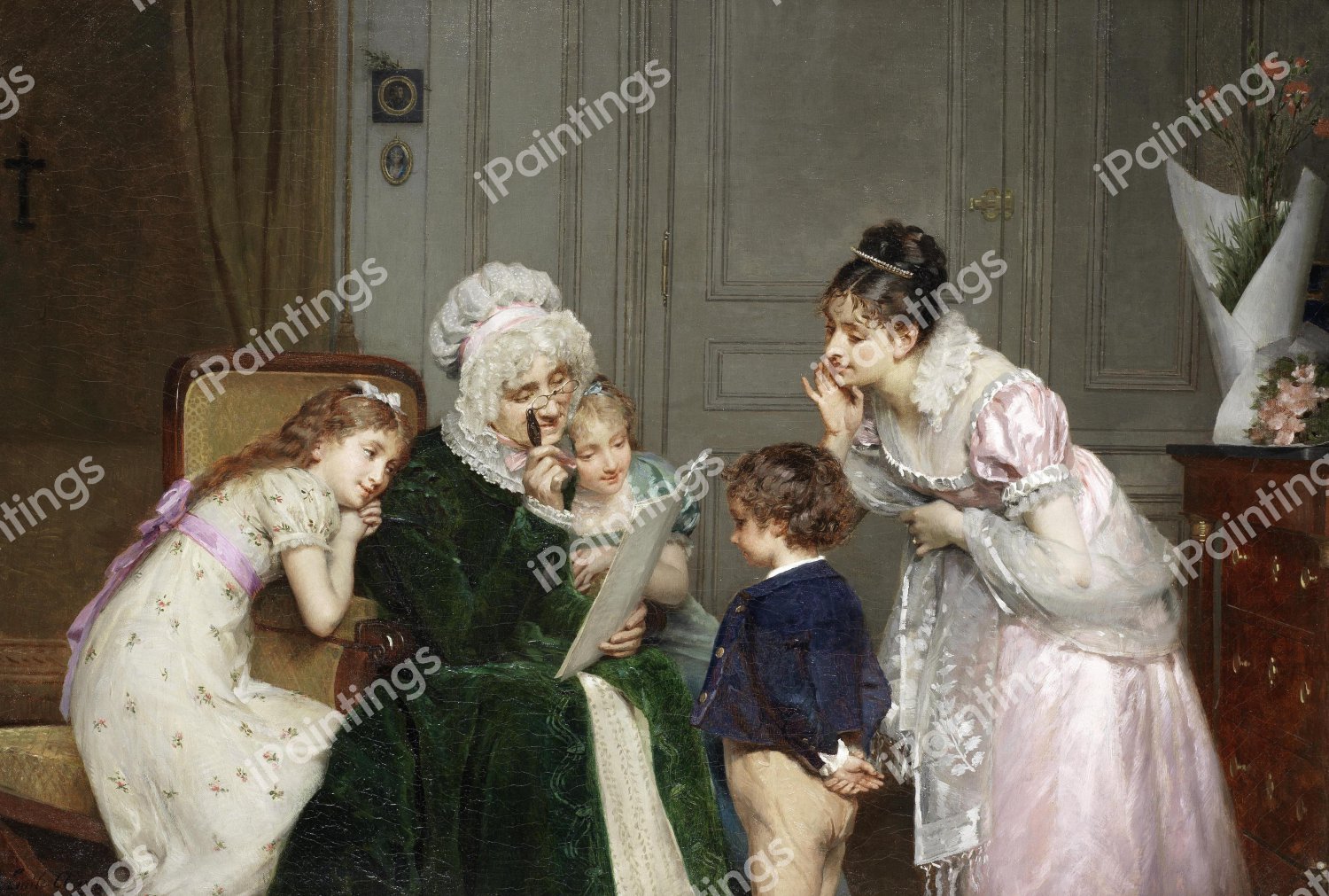 His First School Report. The painting by Louis Emile Adan