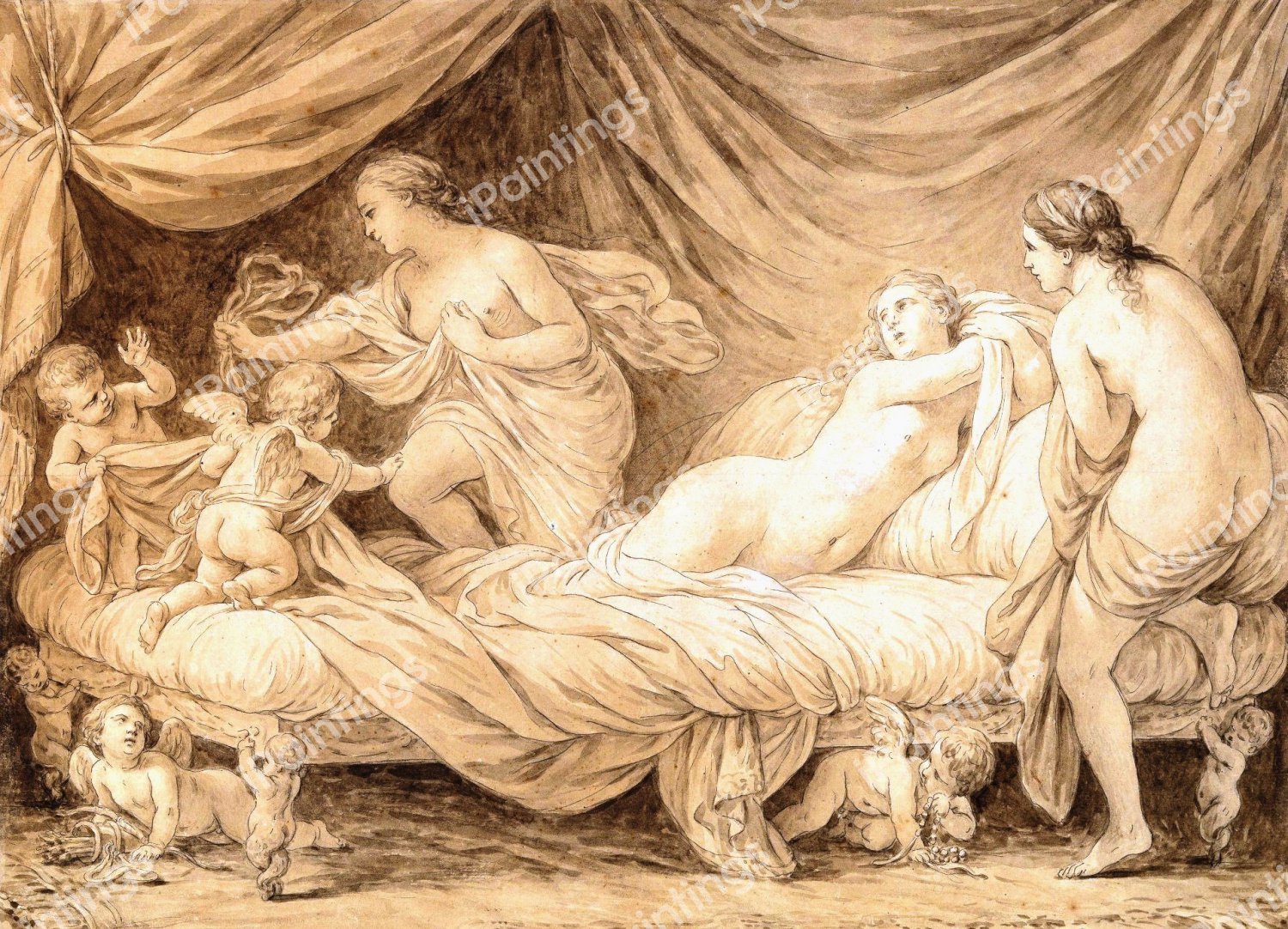 The Three Graces Teased by Cupids. The painting by Louis Jean Francois Lagrenee