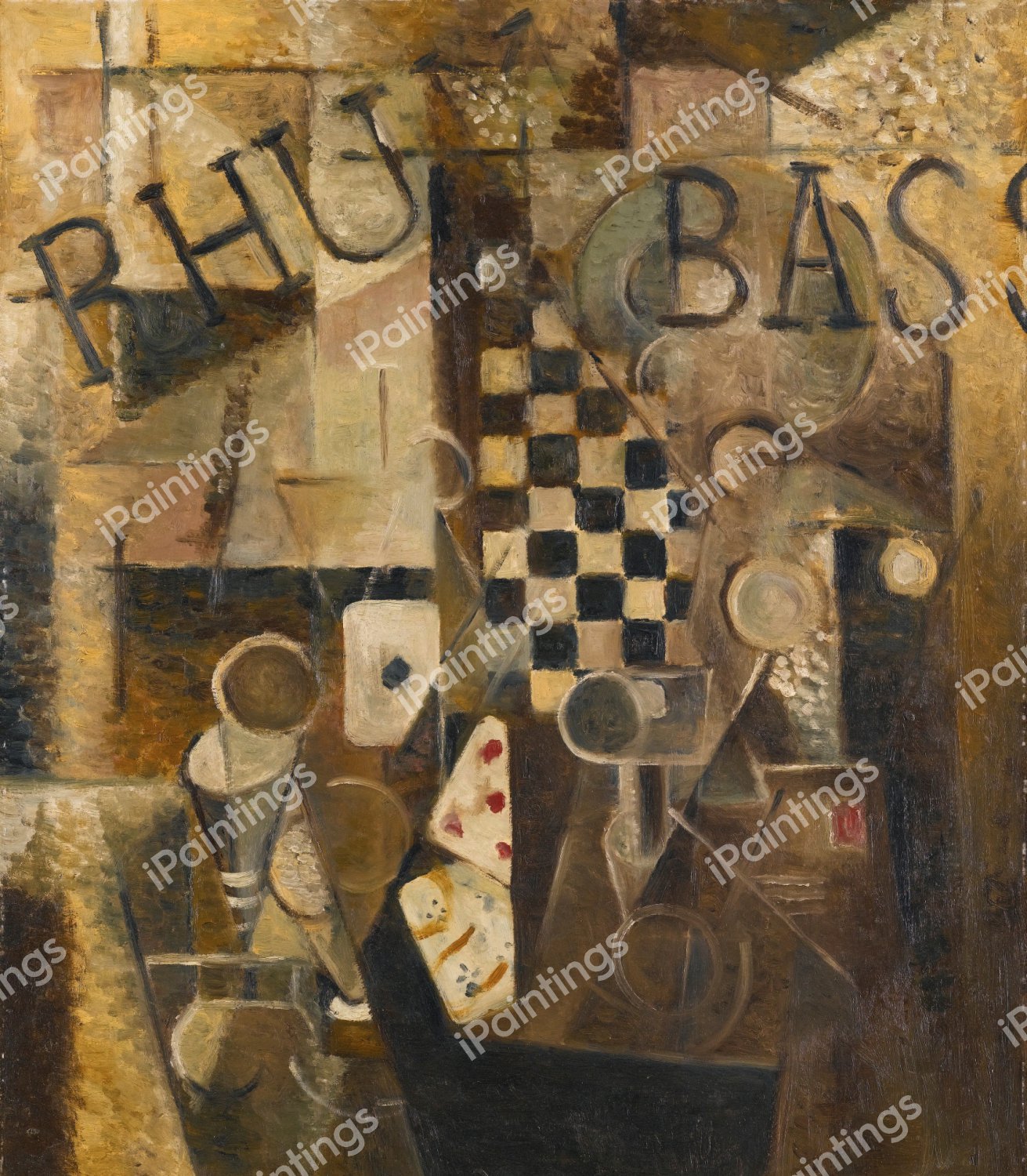 Still Life in the Damier/ Rhum/ Bass (Nature Morte au Damier/Rhum/Bass, 1912. The painting by Louis Marcoussis