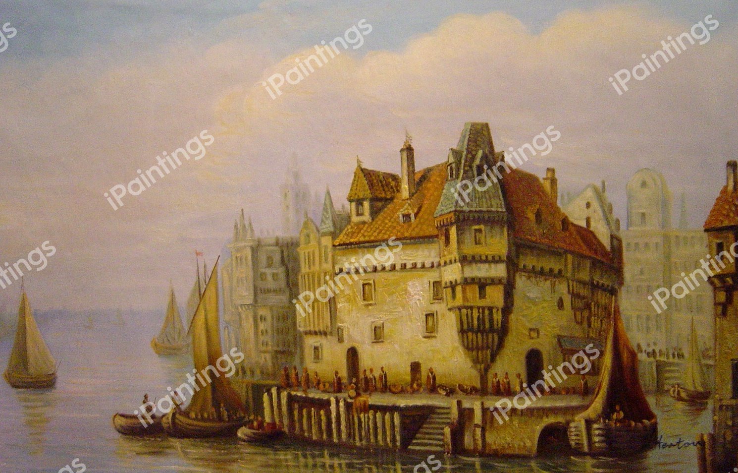 A Town On The Rhine With Numerous Figures On The Quay. The painting by Ludwig Hermann