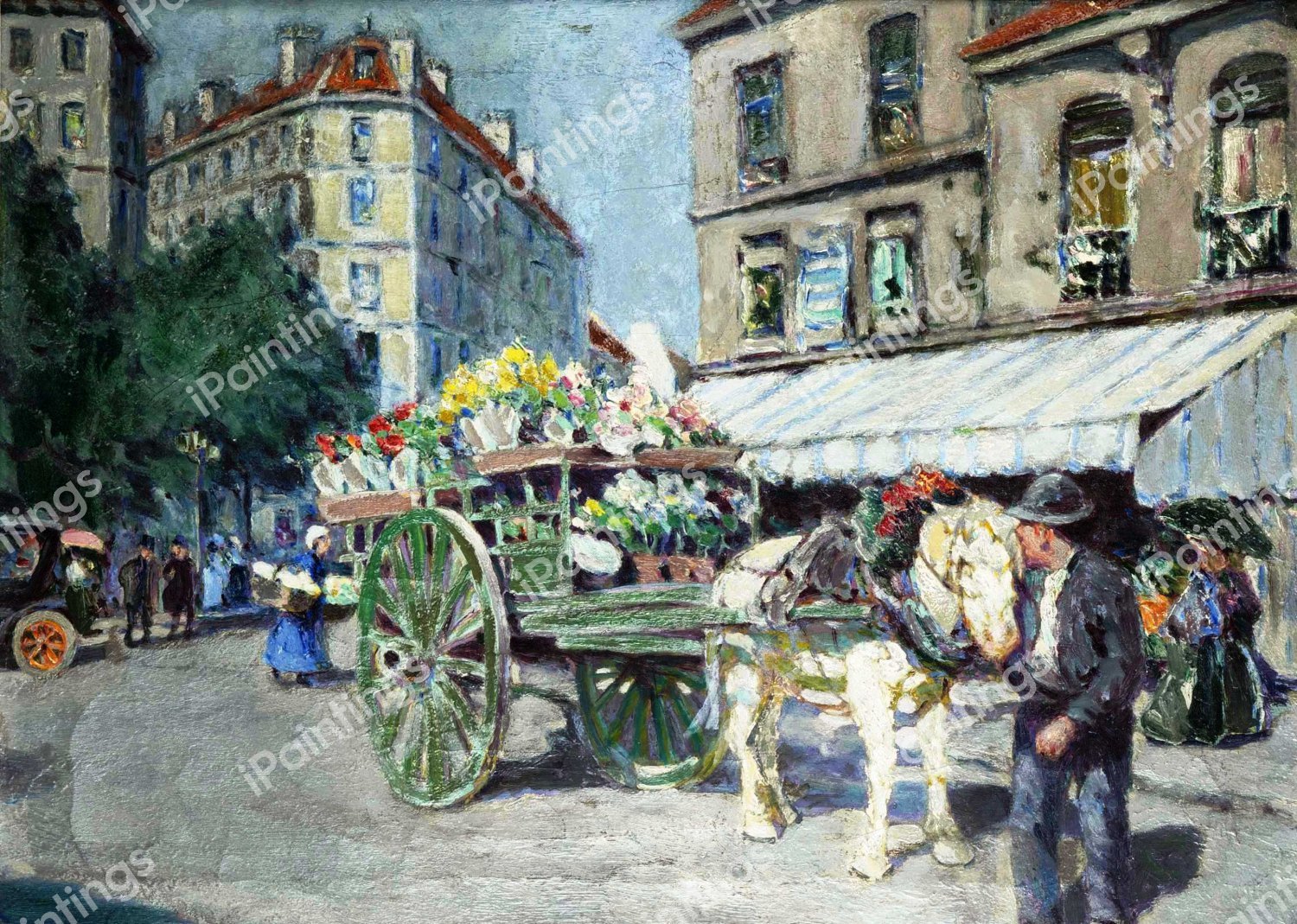 Flower Cart,  Paris. The painting by Luther Emerson Van Gorder