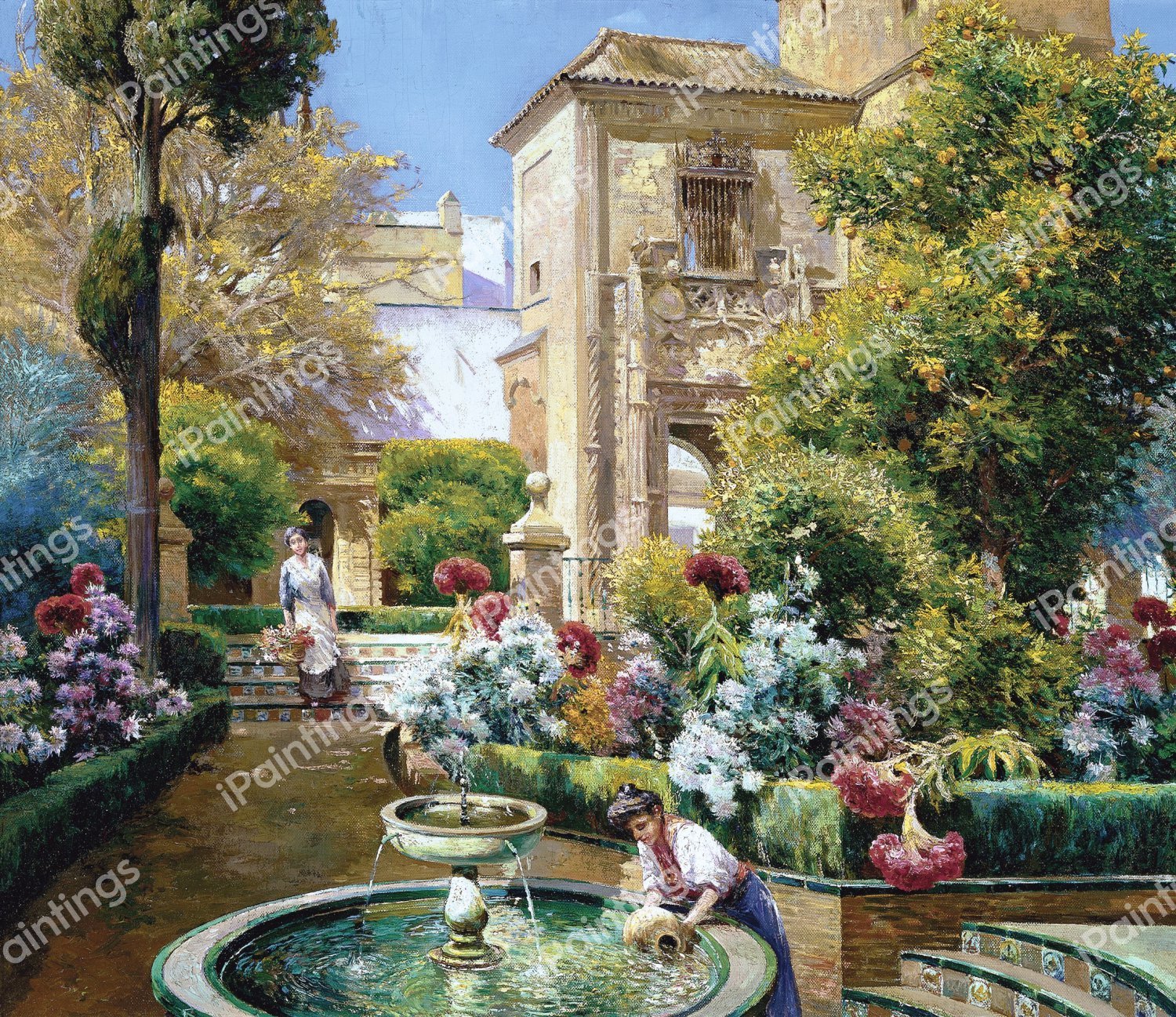 A Charming Alcazar Garden, Seville. The painting by Manuel Garcia Y Rodriguez