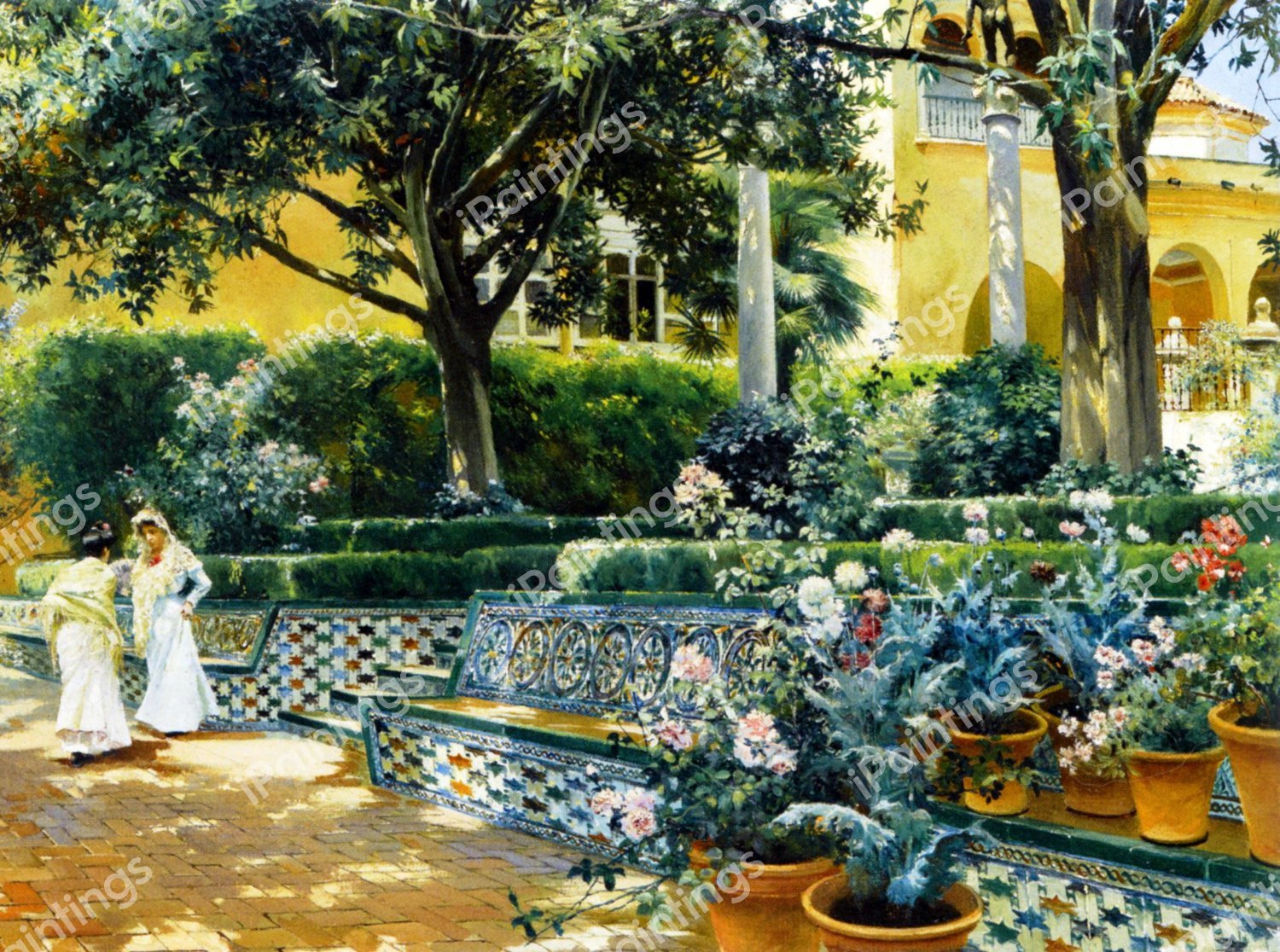 At the Gardens of the Alcazar Seville. The painting by Manuel Garcia Y Rodriguez