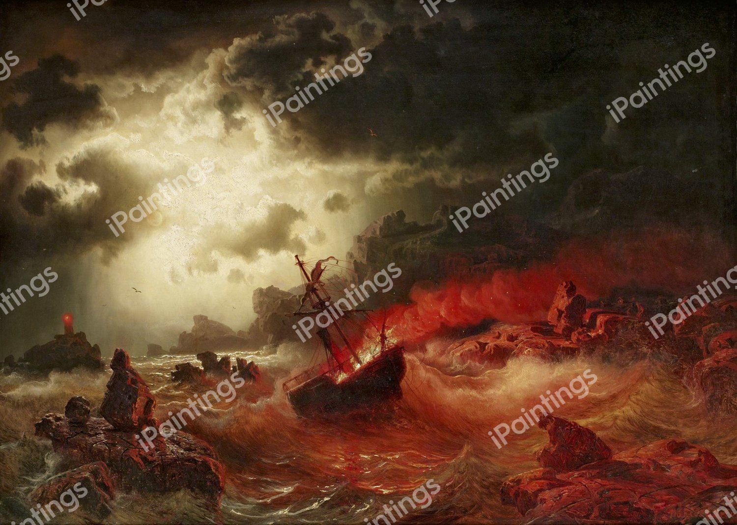 Ocean at Night with Burning Ship. The painting by Marcus Larson