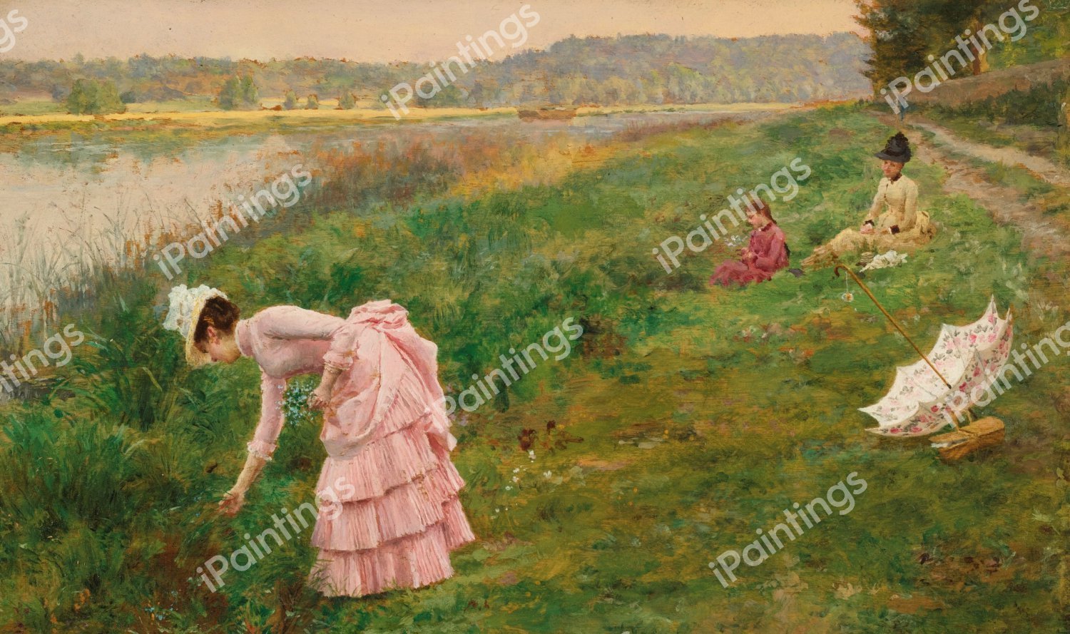 Picking Wildflowers. The painting by Marie-Francois Firmin-Girard