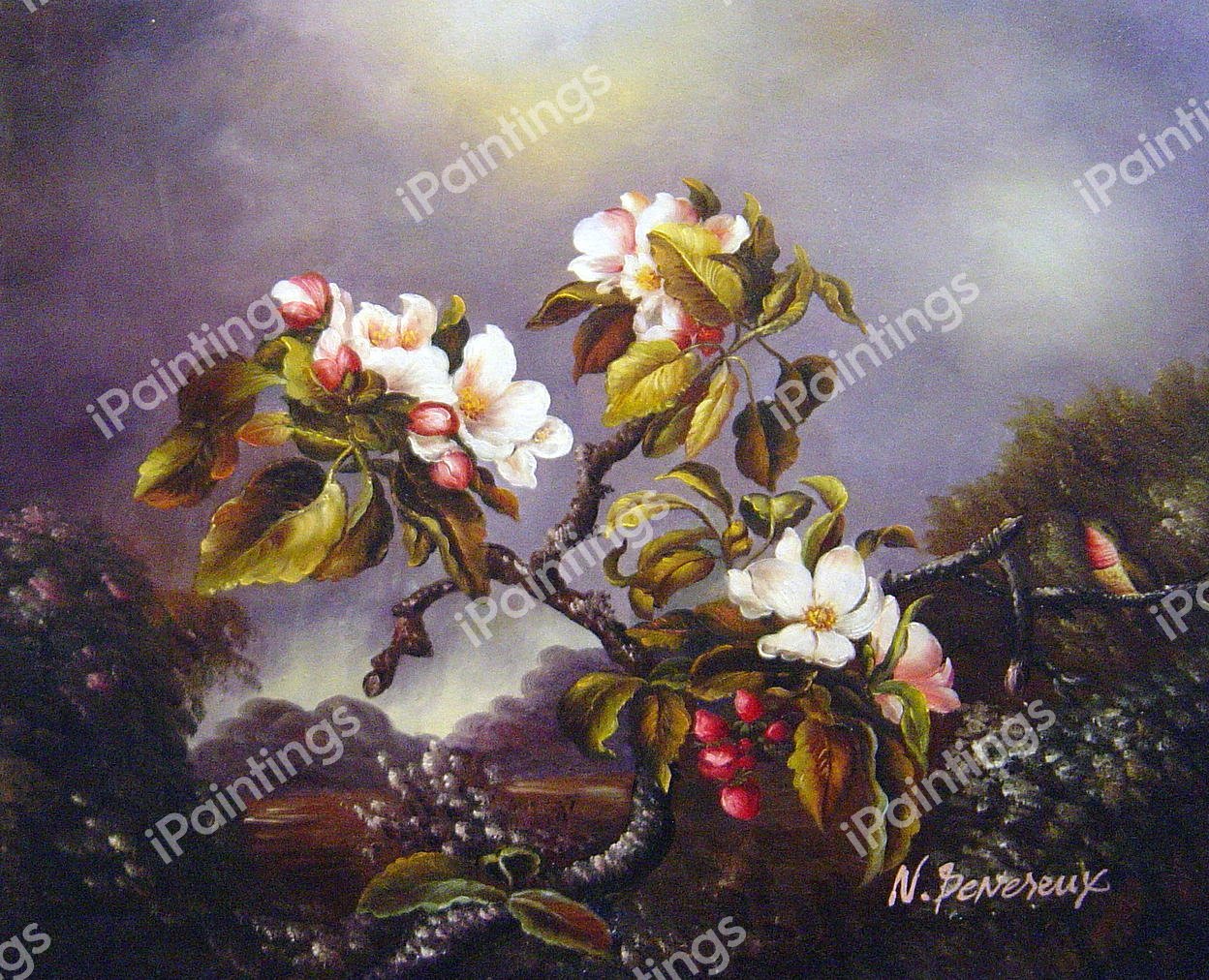 Apple Blossoms And Hummingbird. The painting by Martin Johnson Heade