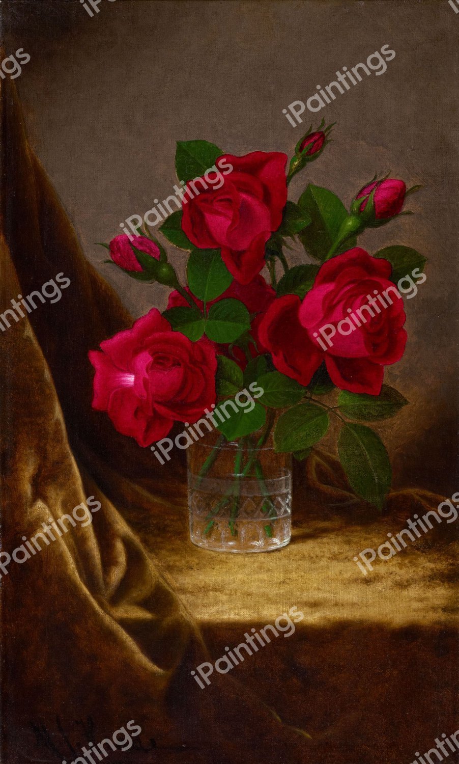 The Red Roses in a Crystal Goblet. The painting by Martin Johnson Heade