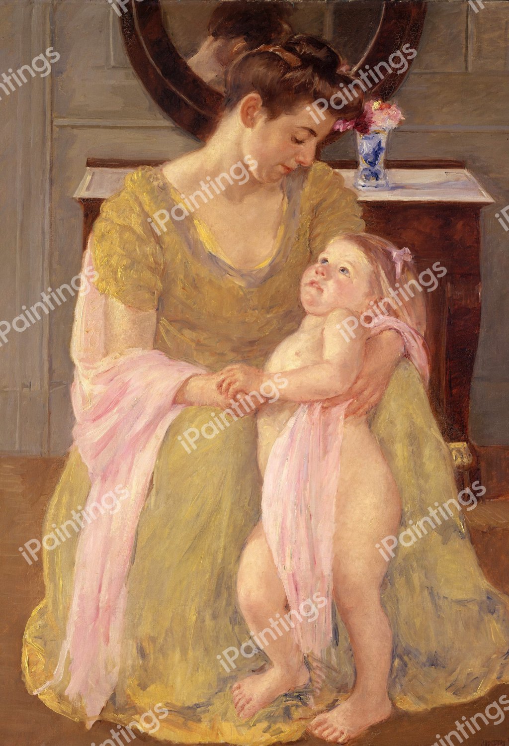A Mother and Child with a Rose Scarf. The painting by Mary Cassatt