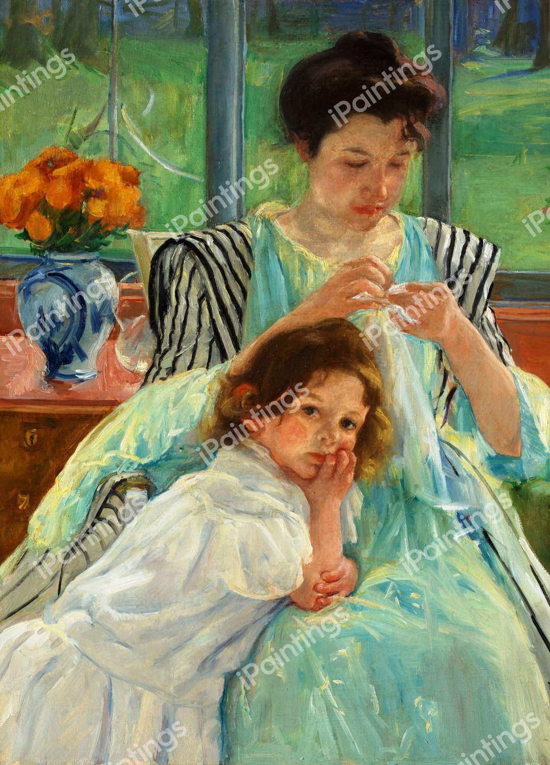 A Young Mother Sewing. The painting by Mary Cassatt