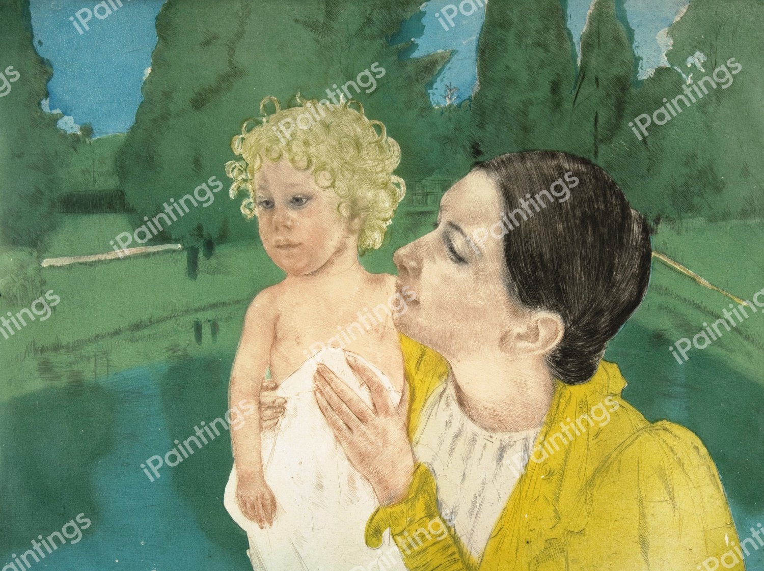 By the Pond. The painting by Mary Cassatt