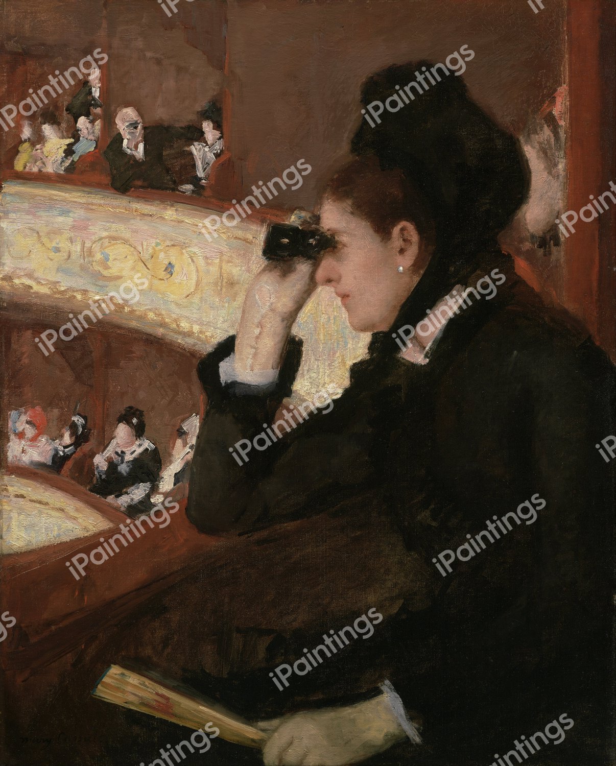 Looking Out In the Loge. The painting by Mary Cassatt