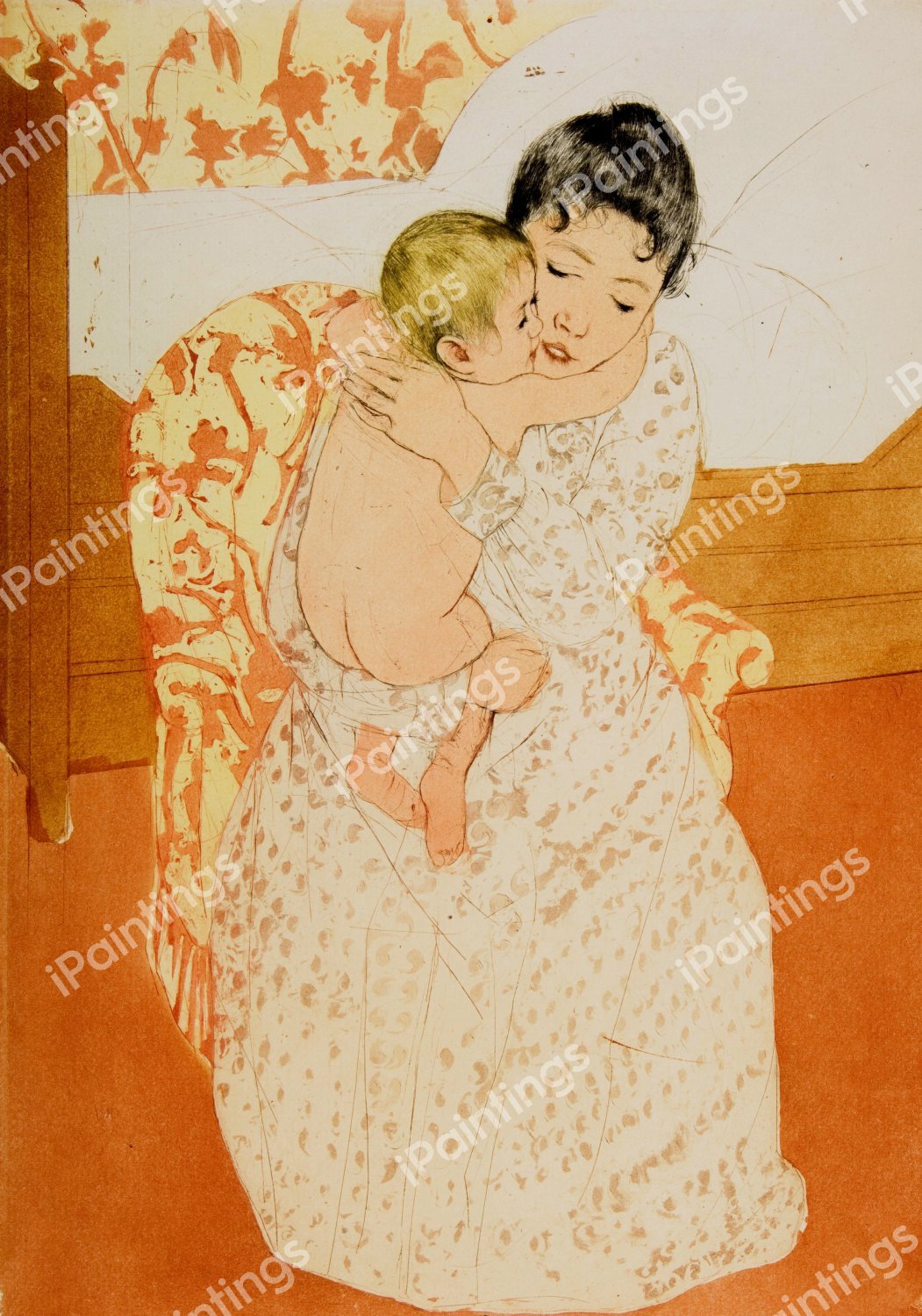 Maternal Caress. The painting by Mary Cassatt