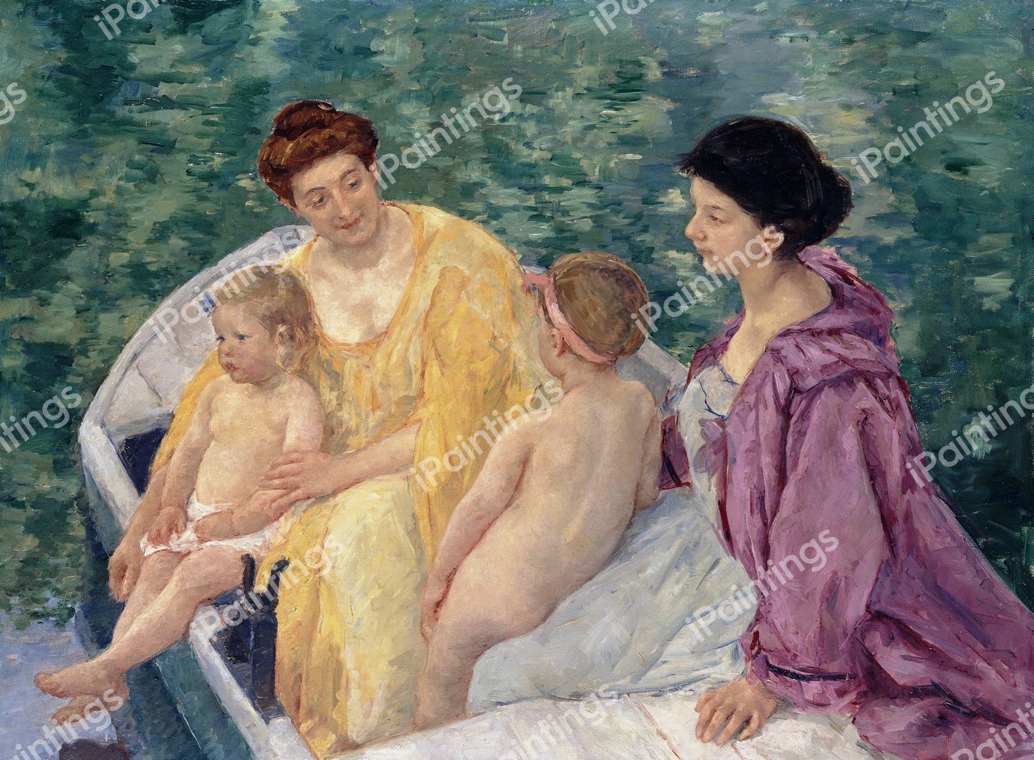 Two Mothers and Their Children in a Boat. The painting by Mary Cassatt