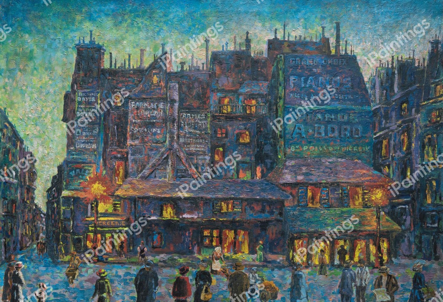 Paris, Rue Animee le Soir , 1896. The painting by Maximilien Luce