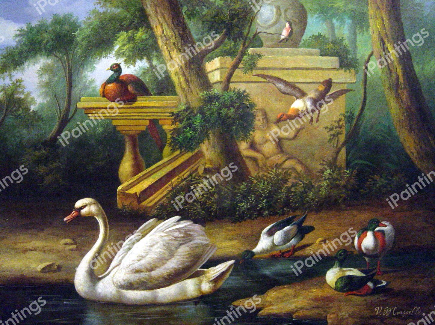 Birds In A Garden. The painting by Melchior De Hondecoeter