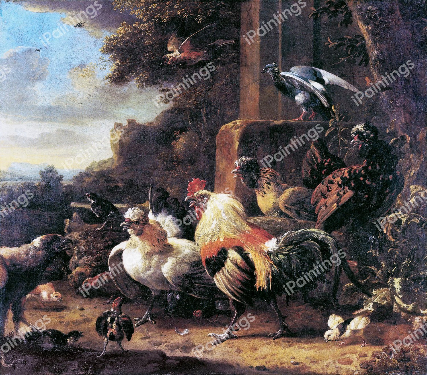Landscape with Poultry. The painting by Melchior De Hondecoeter