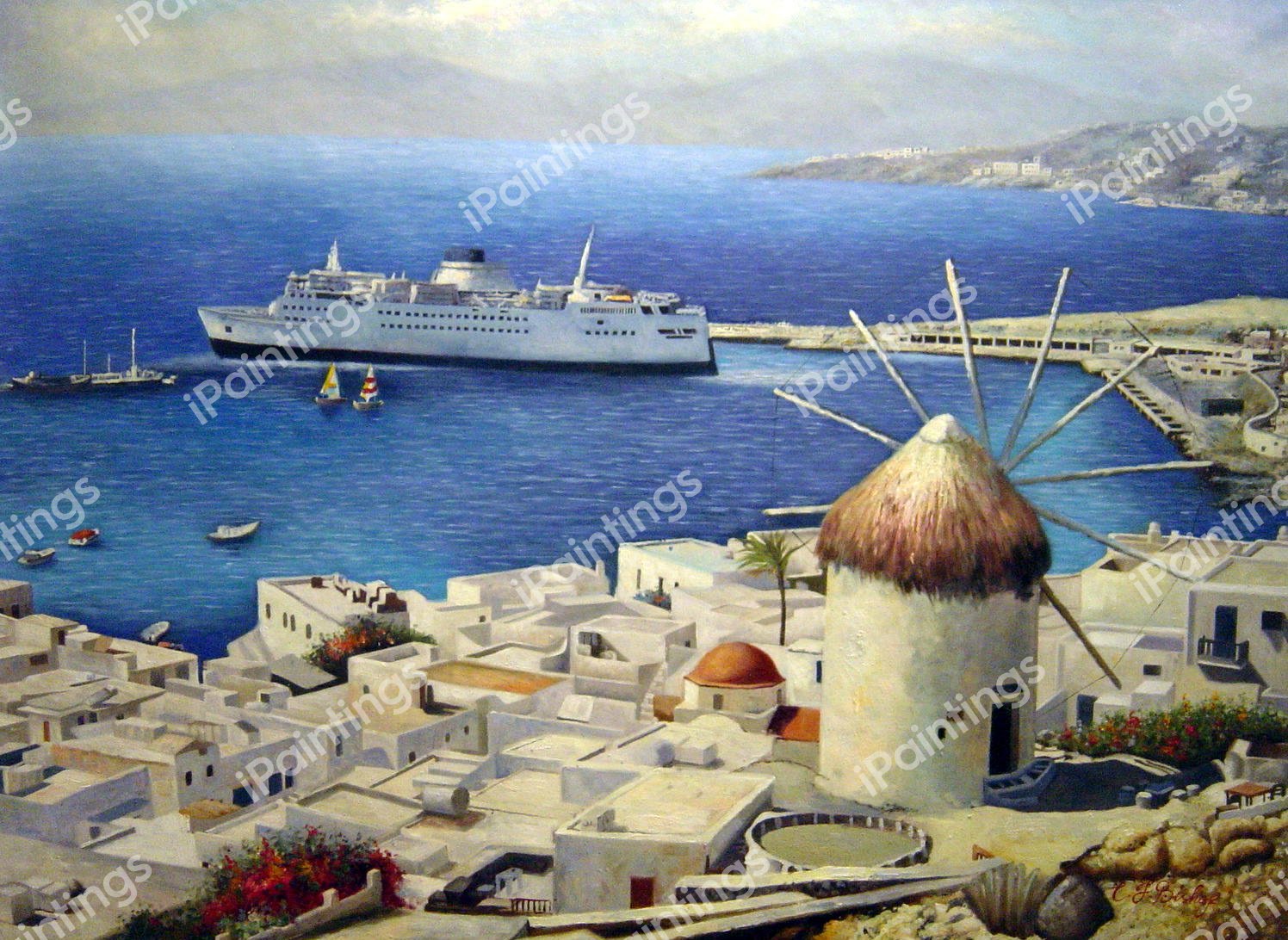 Mykonos View With Yacht, Greece. The painting by Our Originals