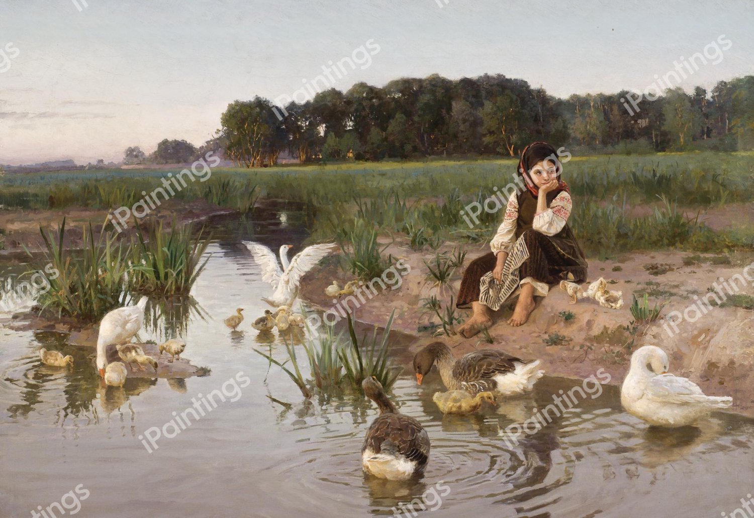 Ukranian Girl Tending Geese. The painting by Nikolai Kornilievich Bodarevsky