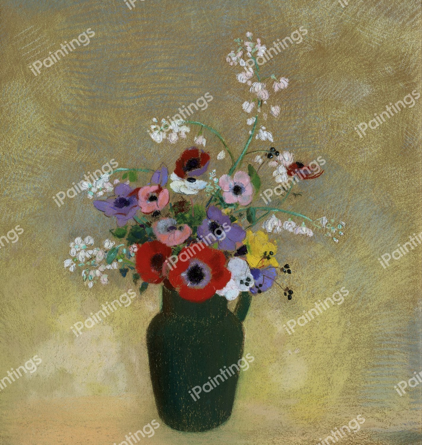 Large Green Vase with Mixed Flowers. The painting by Odilon Redon