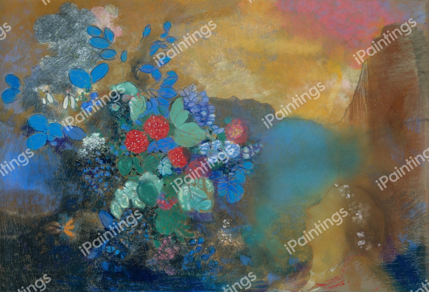 The Portrait of Ophelia Among the Flowers. The painting by Odilon Redon