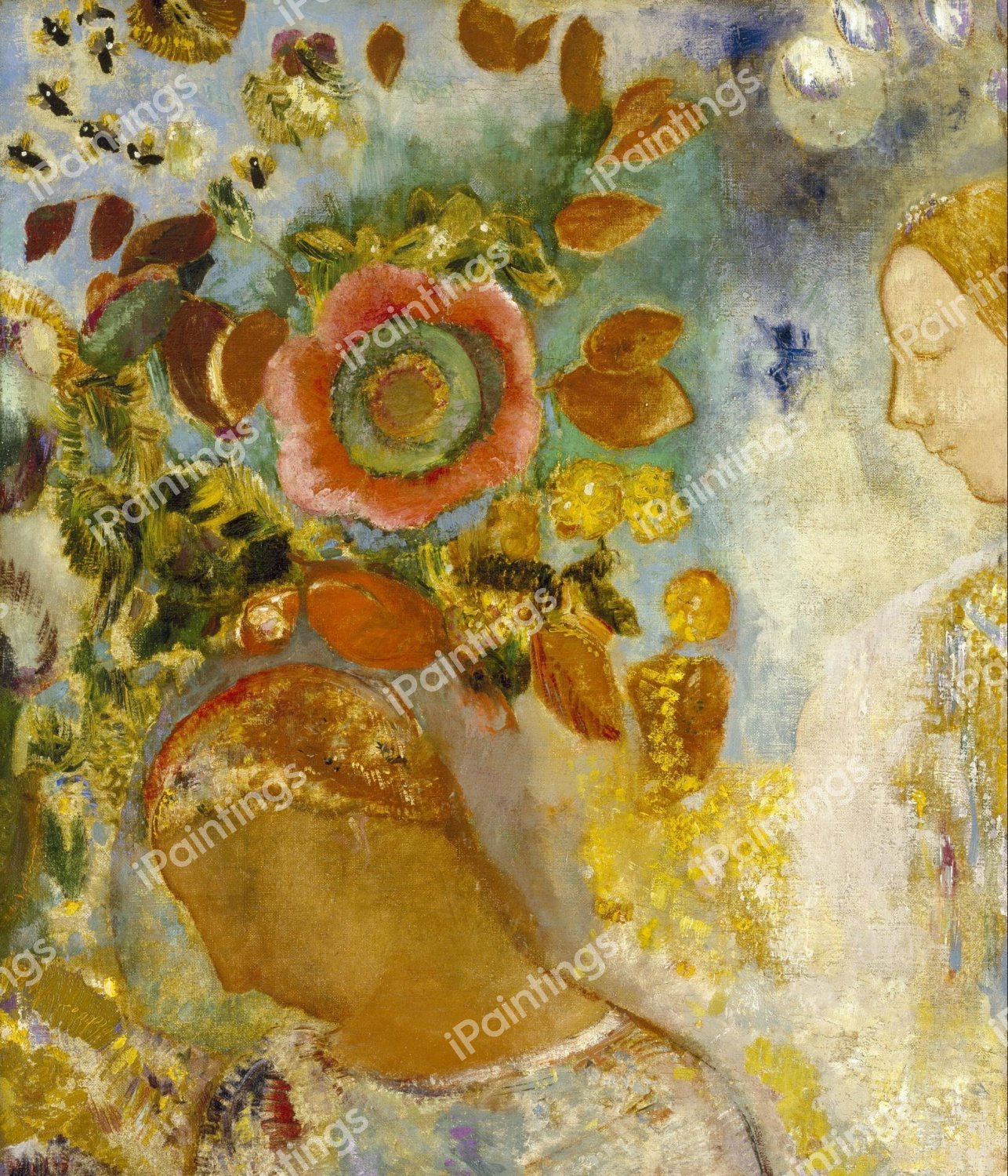 Two Young Girls Among Flowers. The painting by Odilon Redon