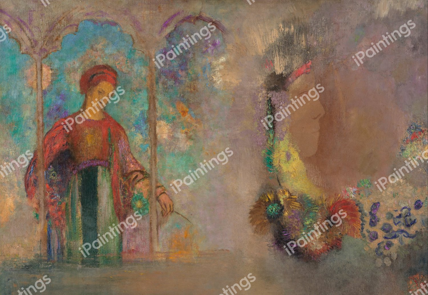Woman in a Gothic Arcade: Woman with Flowers. The painting by Odilon Redon