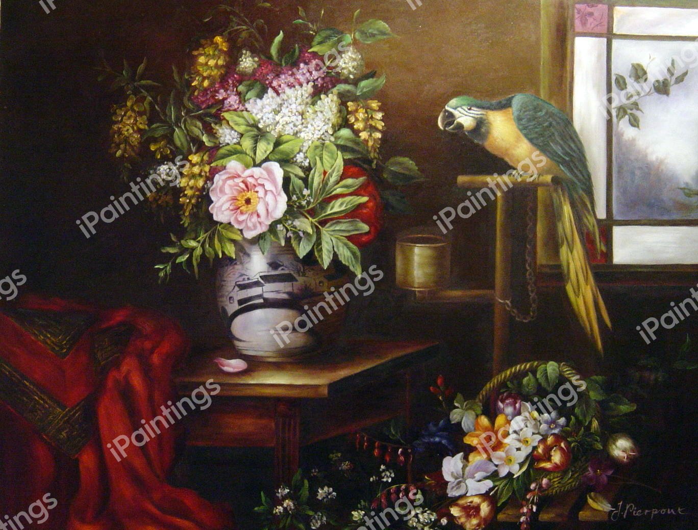 A Still Life With A Vase, Basket And Parrot. The painting by Olaf Hermansen