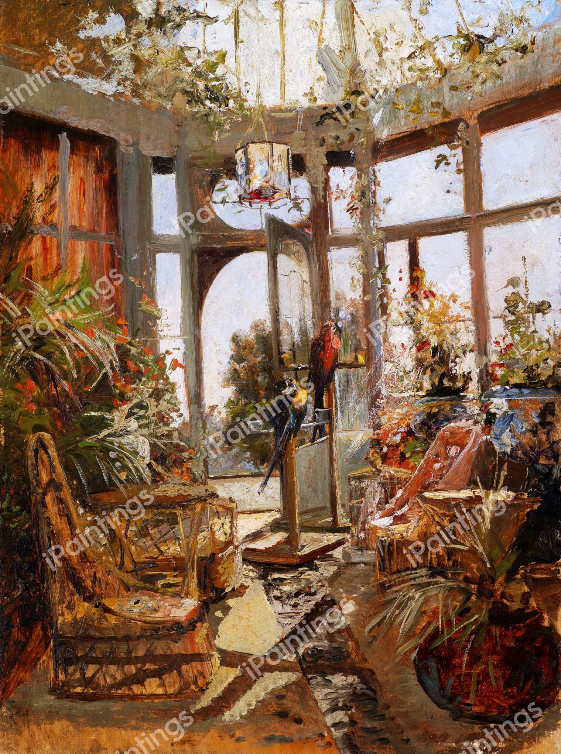 A Sunlit Conservatory with Parrots. The painting by Olga Wisinger-Florian