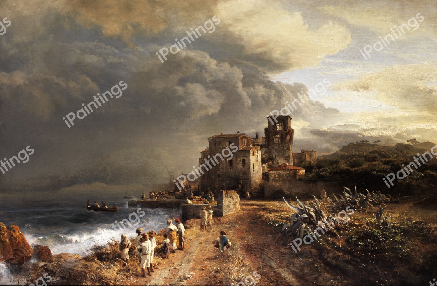 Landscape by the Sea with Figuresd. The painting by Oswald Achenbach