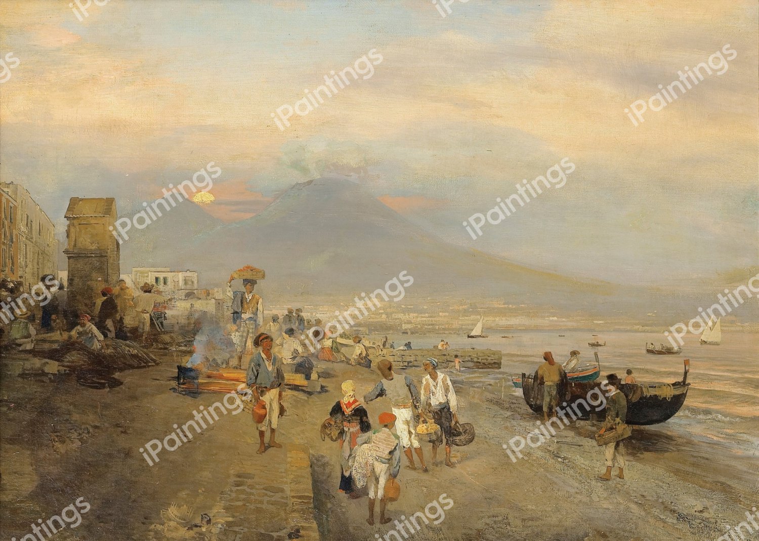 View of Naples, Sunset. The painting by Oswald Achenbach