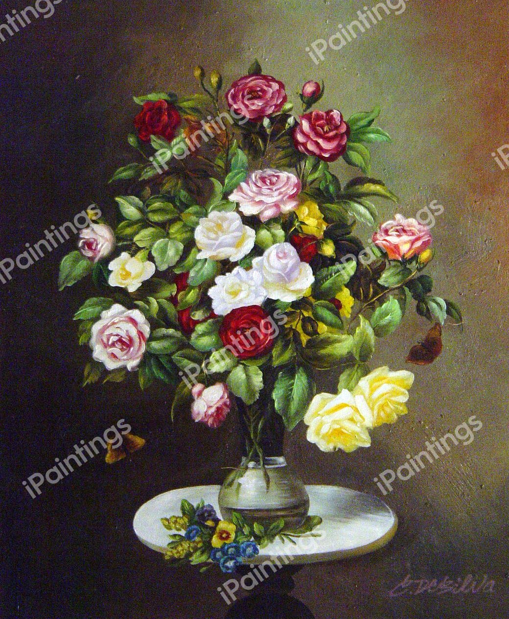 Still Life With Roses In A Glass Vase. The painting by Otto Didrik Ottesen