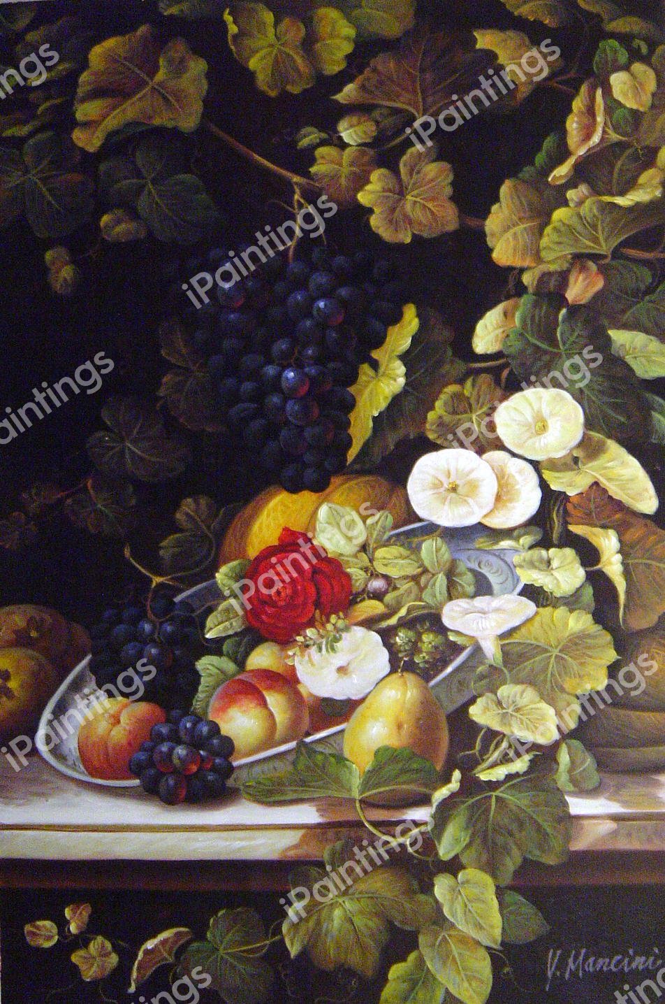Still Life With Vine, Fruit Plate And Several Flowers. The painting by Otto Didrik Ottesen