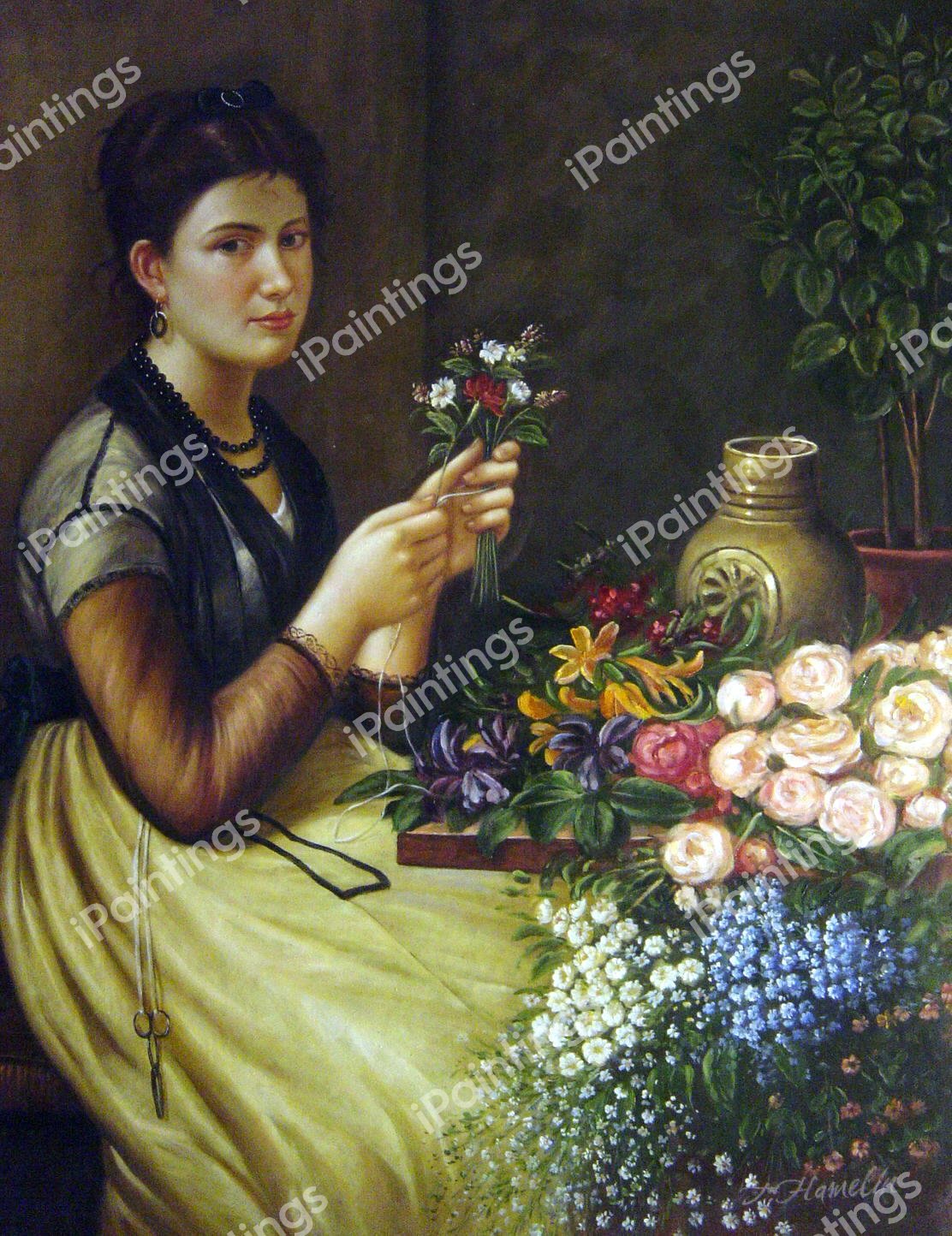 Girl Cutting Flowers. The painting by Otto Scholderer